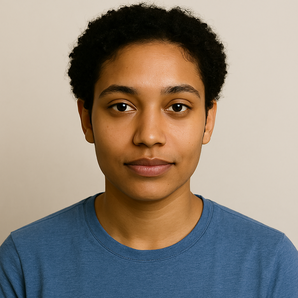 A professional headshot for Palmer with a neutral background. Palmer is biracial (Black and Indian descent) and 24 years old. Created using Microsoft Copilot.